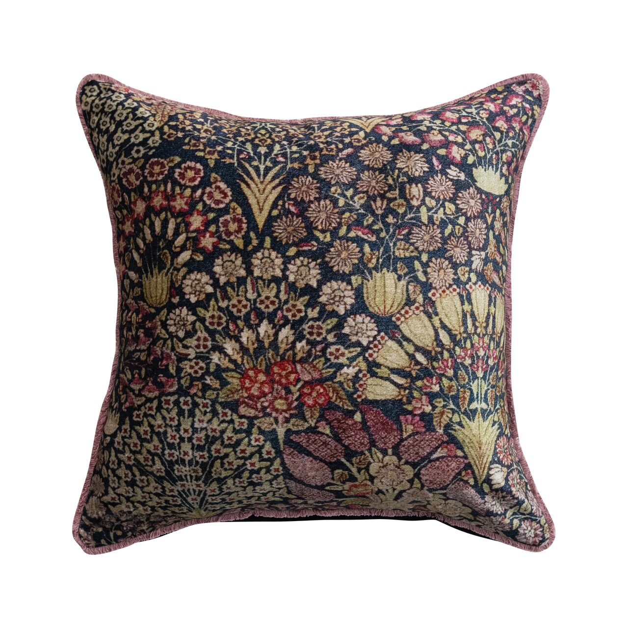 Hello Honey Botanical Print Eyelash Fringe Cotton Velvet Square Pillow, Multicolor Finish